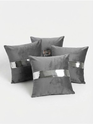 Medet Home Venüs 33 Şeritli 4 Lü Set Dekoratif ve Modern Tasarım Kırlent Kılıfı Lüks Koltuk Yastık Kılıfı Kombin Gizli Fermuarlı 45X45 Koyu Gri Varak Detaylı