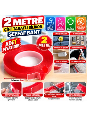 Akıllı Bayi 2 Metre Güçlü Yapışkanlı Çift Taraflı Slikon Pratik Şeffaf Bant (Adet Fiyatıdır)