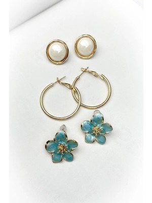 Roshel 3 Adet Mavi Çiçek Gold Kaplama Set Küpe