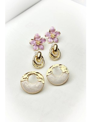 Roshel 3 Adet Gold Renk Mor Çiçek Formlu Set Küpe