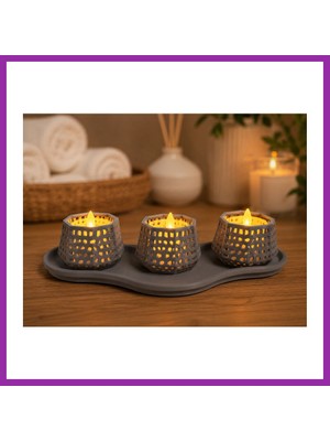 Bezos 3D Baskı Dekoratif Mumluk Seti - Desenli Tealight ve Masaüstü Aydınlatma Objesi-Gri BEZ10