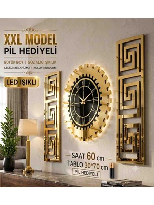 Eyka Store Xxl Model LED Işıklı Gold Roma Rakamlı Büyük Duvar Saati ve 3 Parça Geometrik Aynalı Duvar Dekoru – Salon ve Oturma Odası Için Avangart Tasarım