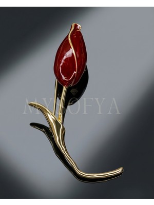 Mysofya Gold-Kırmızı Detaylı Lale Figürlü Broş