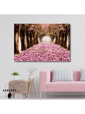 Tekli Yatay Kanvas Duvar Tablosu Pembe Çiçekli Yol Manzarası, 40 x 30