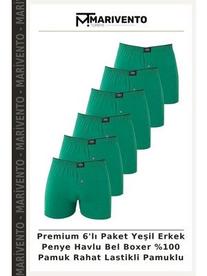 Premium 6'lı Paket Yeşil Erkek Penye Havlu Bel Boxer %100 Pamuk Rahat Lastikli Pamuklu