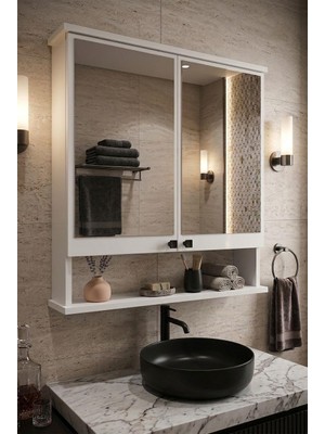 Ad-3 Raflı Banyo Dolabı, 2 Kapaklı Lavabo Üstü Aynalı Banyo Dolabı - Beyaz