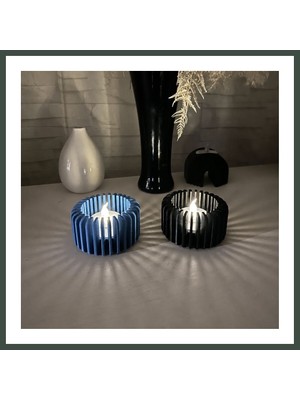 Bezos 3D Baskı Modern Çizgili Mumluk - Tealight Mumluk (1 Adet)-Mavi Nhr