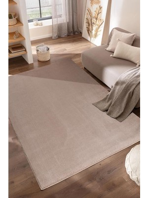 Düz Kahverengi Peluş Halı - Kaymaz Tabanlı, Yumuşak Dokulu, Makinede Yıkanabilir, Salon & Otur