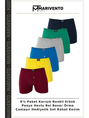 6'lı Paket Karışık Renkli Erkek Penye Havlu Bel Boxer Örme Çamaşır Hediyelik Set Rahat Kesim