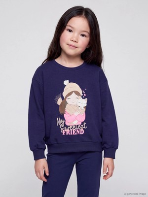 Lc Waikiki Yeni Sezon Lacivert Baskılı Kız Çocuk Kalın Sweatshirt