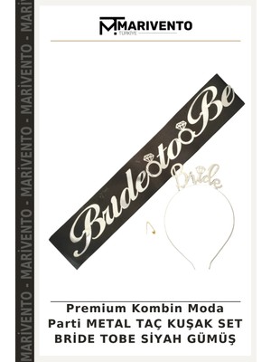 Premium Kombin Moda Parti Metal Taç Kuşak Set Bride Tobe Siyah Gümüş