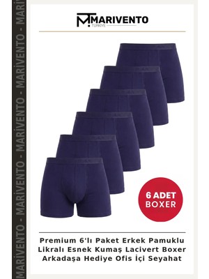 Premium 6'lı Paket Erkek Pamuklu Likralı Esnek Kumaş Lacivert Boxer Arkadaşa Hediye Ofis Içi Seyahat