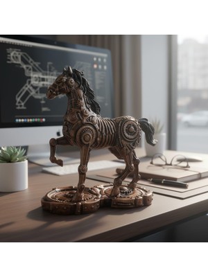 Ruby Ahşap Görünümlü Steampunk At Heykeli 22,5 cm | Dişli Detaylı Dekoratif Obje Ofis Ev Masa