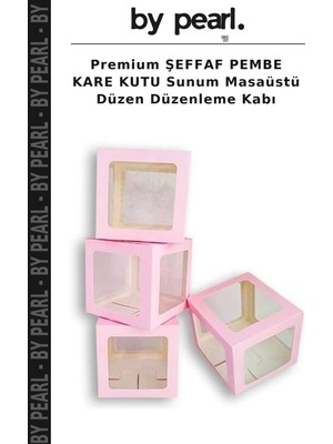 Premium Şeffaf Pembe Kare Kutu Sunum Masaüstü Düzen Düzenleme Kabı