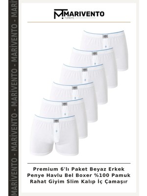Premium 6'lı Paket Beyaz Erkek Penye Havlu Bel Boxer %100 Pamuk Rahat Giyim Slim Kalıp Iç Çamaşır