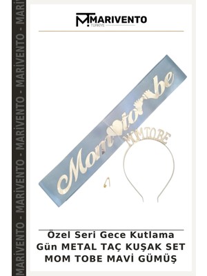 Özel Seri Gece Kutlama Gün Metal Taç Kuşak Set Mom Tobe Mavi Gümüş