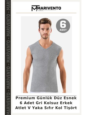 Premium Günlük Düz Esnek 6 Adet Gri Kolsuz Erkek Atlet V Yaka Sıfır Kol Tişört