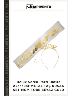 Delux Serisi Parti Hatıra Aksesuar Metal Taç Kuşak Set Mom Tobe Beyaz Gold