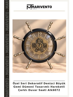 Özel Seri Dekoratif Denizci Büyük Gemi Dümeni Tasarımlı Hareketli Çarklı Duvar Saati ALK6072