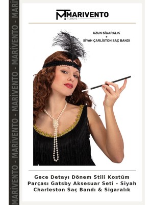 Gece Detayı Dönem Stili Kostüm Parçası Gatsby Aksesuar Seti – Siyah Charleston Saç Bandı & Sigaralık