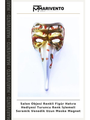 Salon Objesi Renkli Figür Hatıra Hediyesi Turuncu Renk Işlemeli Seramik Venedik Uzun Maske Magnet