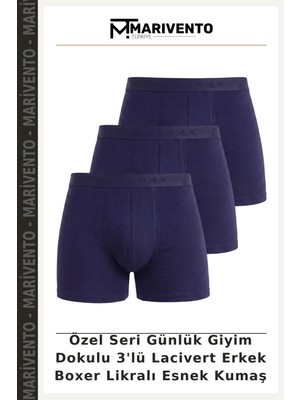 Özel Seri Günlük Giyim Dokulu 3'lü Lacivert Erkek Boxer Likralı Esnek Kumaş