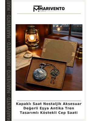 Kapaklı Saat Nostaljik Aksesuar Değerli Eşya Antika Tren Tasarımlı Köstekli Cep Saati