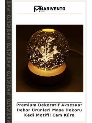 Premium Dekoratif Aksesuar Dekor Ürünleri Masa Dekoru Kedi Motifli Cam Küre