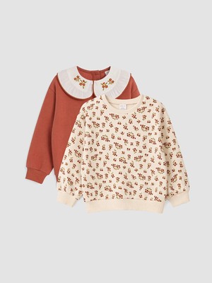 Lc Waikiki Yeni Sezon Kahverengi Bebe Yaka Çiçekli Kız Çocuk Kalın Sweatshirt