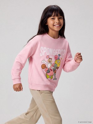 Lc Waikiki Yeni Sezon Pembe Sünger Bob Baskılı Kız Çocuk Kalın Sweatshirt