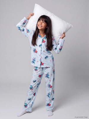 Lc Waikiki Yeni Sezon Mavi Stitch Baskılı Kız Çocuk Pijama Takımı