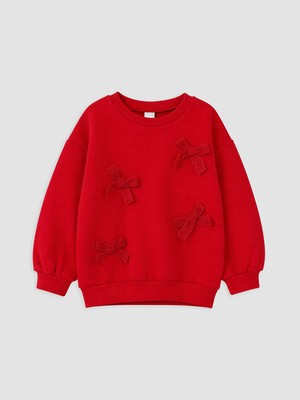 Lc Waikiki Yeni Sezon Kırmızı Fiyonk Nakışlı Kız Çocuk Kalın Sweatshirt