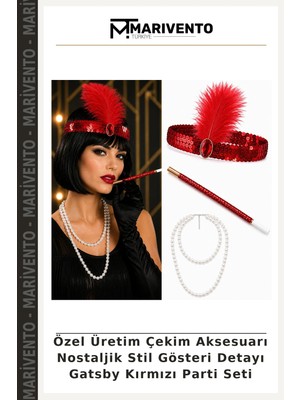 Özel Üretim Çekim Aksesuarı Nostaljik Stil Gösteri Detayı Gatsby Kırmızı Parti Seti