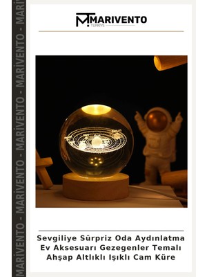 Sevgiliye Sürpriz Oda Aydınlatma Ev Aksesuarı Gezegenler Temalı Ahşap Altlıklı Işıklı Cam Küre
