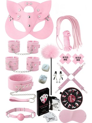 Sınırsızmarket 15 Parça Pembe Fantezi Set, Kedi Maskesi, Kelepçe, Kamçı, Oyun Kartları, Tüy