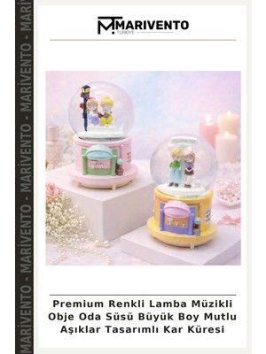Premium Renkli Lamba Müzikli Obje Oda Süsü Büyük Boy Mutlu Aşıklar Tasarımlı Kar Küresi