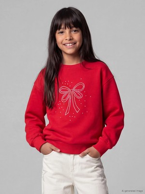 Lc Waikiki Yeni Sezon Kırmızı Taşlı Kız Çocuk Kalın Sweatshirt