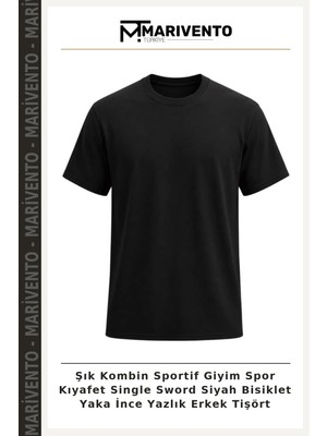 Şık Kombin Sportif Giyim Spor Kıyafet Single Sword Siyah Bisiklet Yaka Ince Yazlık Erkek Tişört