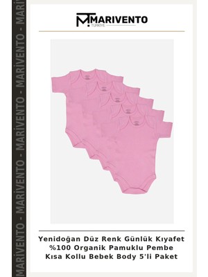 Yenidoğan Düz Renk Günlük Kıyafet %100 Organik Pamuklu Pembe Kısa Kollu Bebek Body 5'li Paket