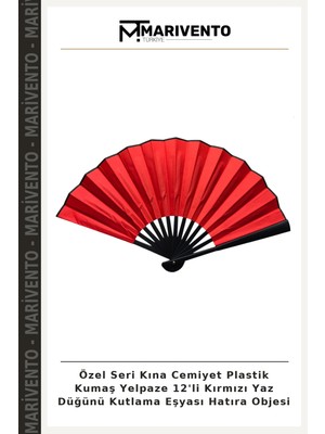 Özel Seri Kına Cemiyet Plastik Kumaş Yelpaze 12'li Kırmızı Yaz Düğünü Kutlama Eşyası Hatıra Objesi