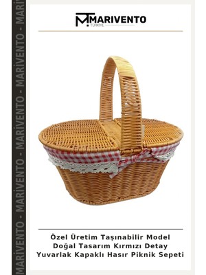Özel Üretim Taşınabilir Model Doğal Tasarım Kırmızı Detay Yuvarlak Kapaklı Hasır Piknik Sepeti