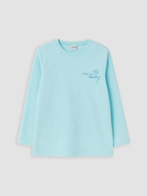 Lc Waikiki Yeni Sezon Turkuaz Nakışlı Kız Çocuk Polar Pijama Üst