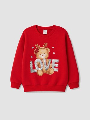 Lc Waikiki Yeni Sezon Kırmızı Baskılı Kız Çocuk Kalın Sweatshirt