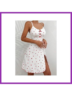 Salmore Kadın Beyaz Kırmızı Kalp Desenli Askılı Elbise 5066 · Beden: L/xl · Renk: Beyaz Bty