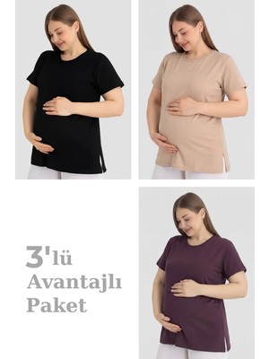 Delux Serisi Mevsimlik Spor Anne Pamuklu Kısa Kollu Hamile Tişört 3'lü Paket