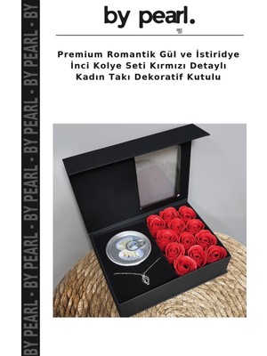 Premium Romantik Gül ve Istiridye Inci Kolye Seti Kırmızı Detaylı Kadın Takı Dekoratif Kutulu