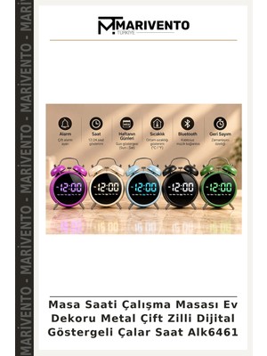 Masa Saati Çalışma Masası Ev Dekoru Metal Çift Zilli Dijital Göstergeli Çalar Saat ALK6461