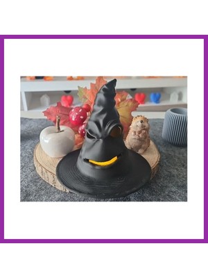 Bezos 3D Baskı Cadı Şapkası Tealight Mumluk Işıklı Yüz Detaylı Cadılar Bayramı Feneri Masa Süsü Siyah BEZ10