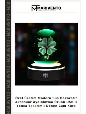 Özel Üretim Modern Süs Dekoratif Aksesuar Aydınlatma Ürünü Usb'li Yonca Tasarımlı Dönen Cam Küre
