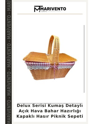 Delux Serisi Kumaş Detaylı Açık Hava Bahar Hazırlığı Kapaklı Hasır Piknik Sepeti